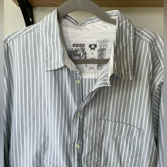 Old Navy Set/2 Blue Gray White Striped Woven Button Down Men’s Dress Shirts XL - Picture 9 of 10